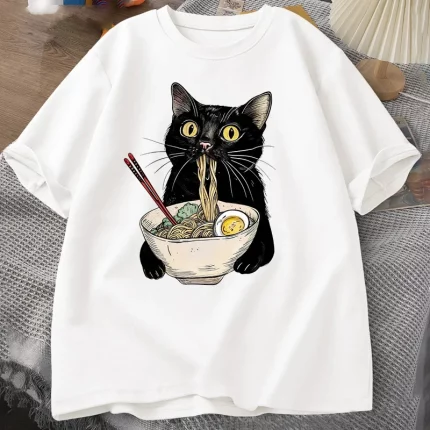 국수라면 고양이 티셔츠 Foodie Lover T 셔츠 검은 고양이 국수 티셔츠 레트로 캐주얼 반소매 Tshirt 남성 여성 의류