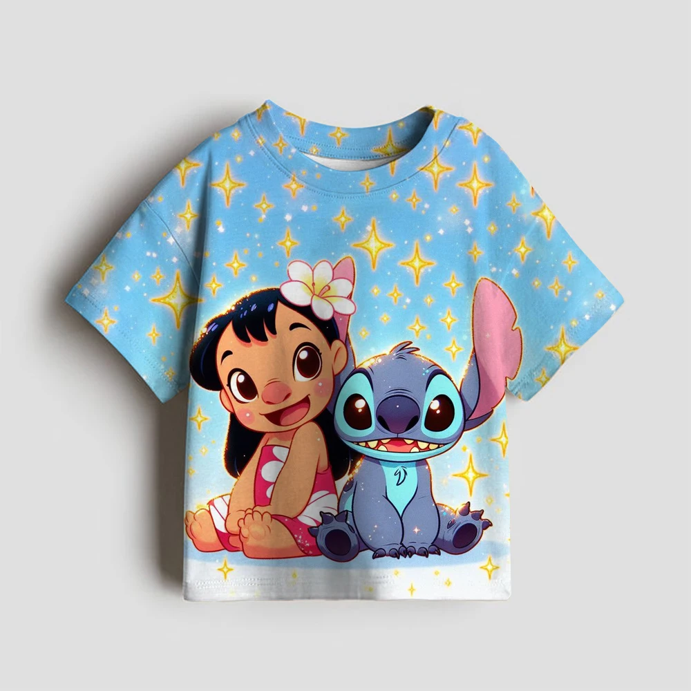 kf-Se824bd7d5acc482391120cc7194810c5V 2025 디즈니 스티치 3-14세 여아용 면 티셔츠 여름 귀여운 만화 반팔 아동 캐주얼 의류 티셔츠 키즈 상의 - 이미지 1