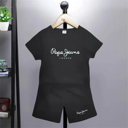 어린이 티셔츠 브랜드 편지 인쇄 소녀 소년 연령 3-12 티셔츠 + 반바지 세트 어린이 캐주얼 티셔츠 여름 옷 검정색 반팔