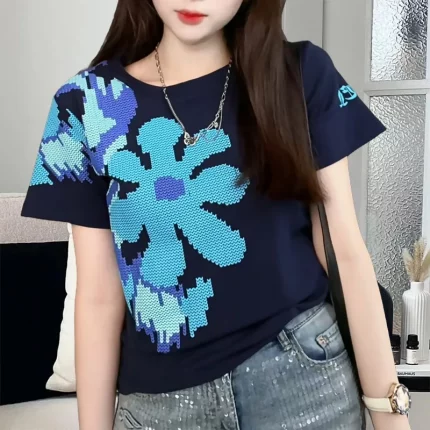 여성을 위한 코튼 여름 3D 포밍 프린트 반소매 티셔츠 세련되고 다재다능한 탑