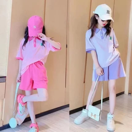 십대 스포츠 세트, 여름 캐주얼 의상, 어린이 패션 티셔츠 및 반바지, 어린이 반팔 패치워크 의류