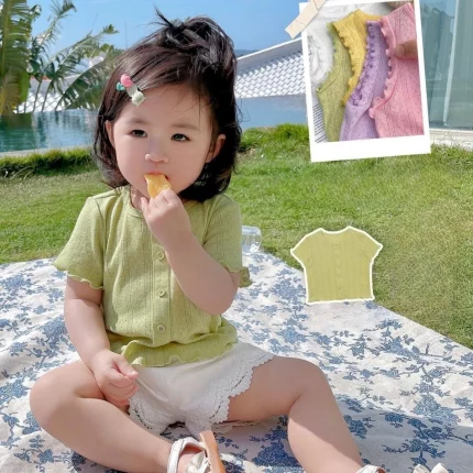 여자 여름 반팔 티셔츠 새로운 아기 스위트 탑 여름 반팔 얇은 통기성 아기 티셔츠 여자 옷