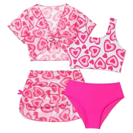 여자 4 팩 하트 프린트 비키니 세트 하이 웨이스트 수영복 어린이 여름 수영복 어린이 수영복 부드러운 통기성 비치웨어
