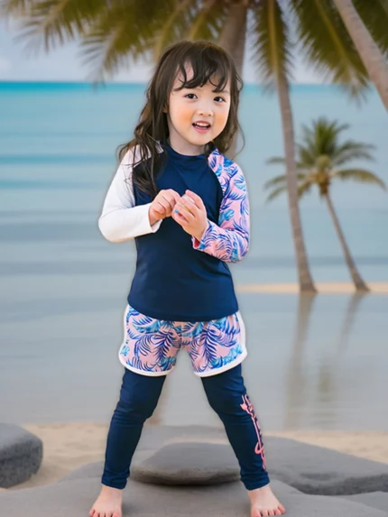 여자 투피스 수영복 긴 소매 다이빙 슈트 학생을위한 빠른 건조 UV 보호 바지 어린이 폴리 에스터 직물 수영복